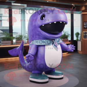 Lavender Humpback Whale mascot costume character dressed with a Rash Guard and Belts