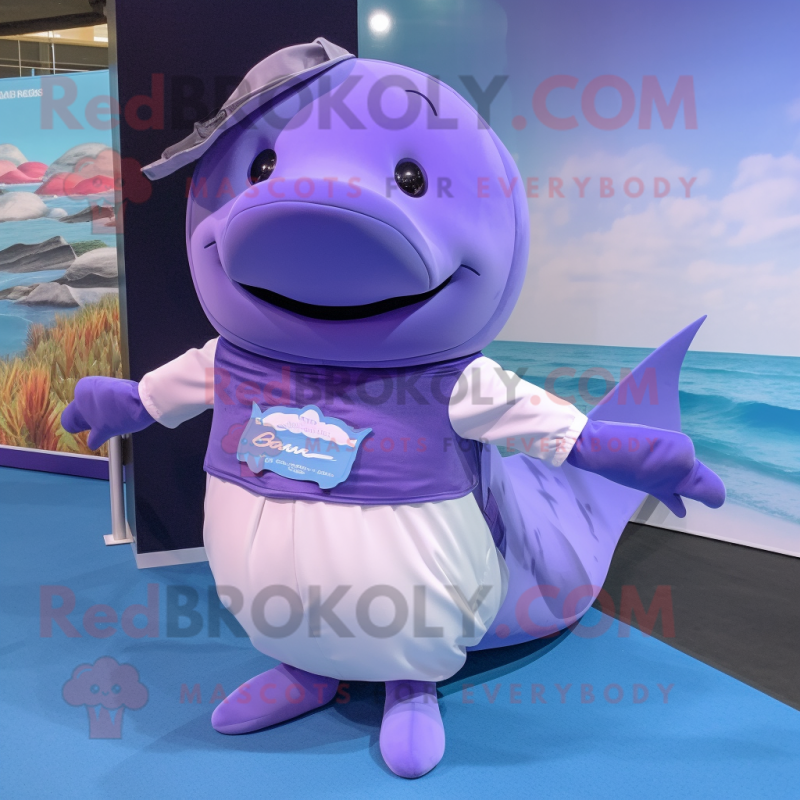 Lavender Humpback Whale mascot costume character dressed with a Rash Guard and Belts Lavender Humpback Whale mascot costume character dressed with a Rash Guard and Belts