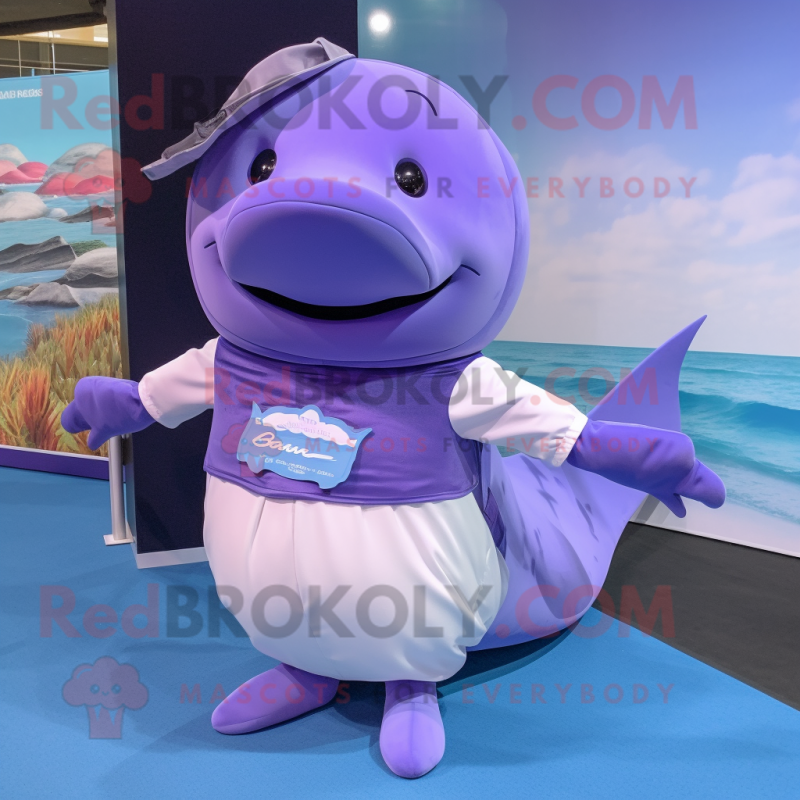 Lavender Humpback Whale mascot costume character dressed with a Rash Guard and Belts