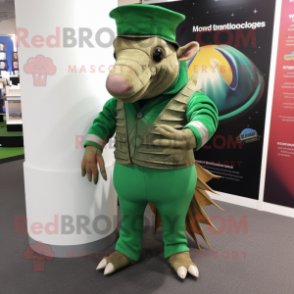 Green Armadillo mascot costume character dressed with a Trousers and Ties