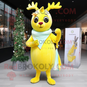 Lemon Yellow Reindeer mascot costume character dressed with a Mini Dress and Scarves