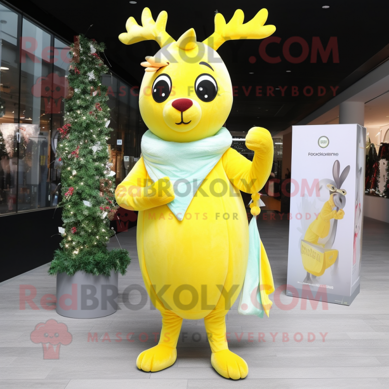 Lemon Yellow Reindeer mascot costume character dressed with a Mini Dress and Scarves Lemon Yellow Reindeer mascot costume character dressed with a Mini Dress and Scarves