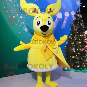 Lemon Yellow Reindeer mascot costume character dressed with a Mini Dress and Scarves