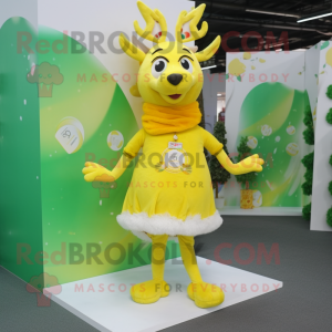 Lemon Yellow Reindeer mascot costume character dressed with a Mini Dress and Scarves