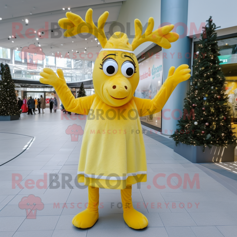 Lemon Yellow Reindeer mascot costume character dressed with a Mini Dress and Scarves Lemon Yellow Reindeer mascot costume character dressed with a Mini Dress and Scarves