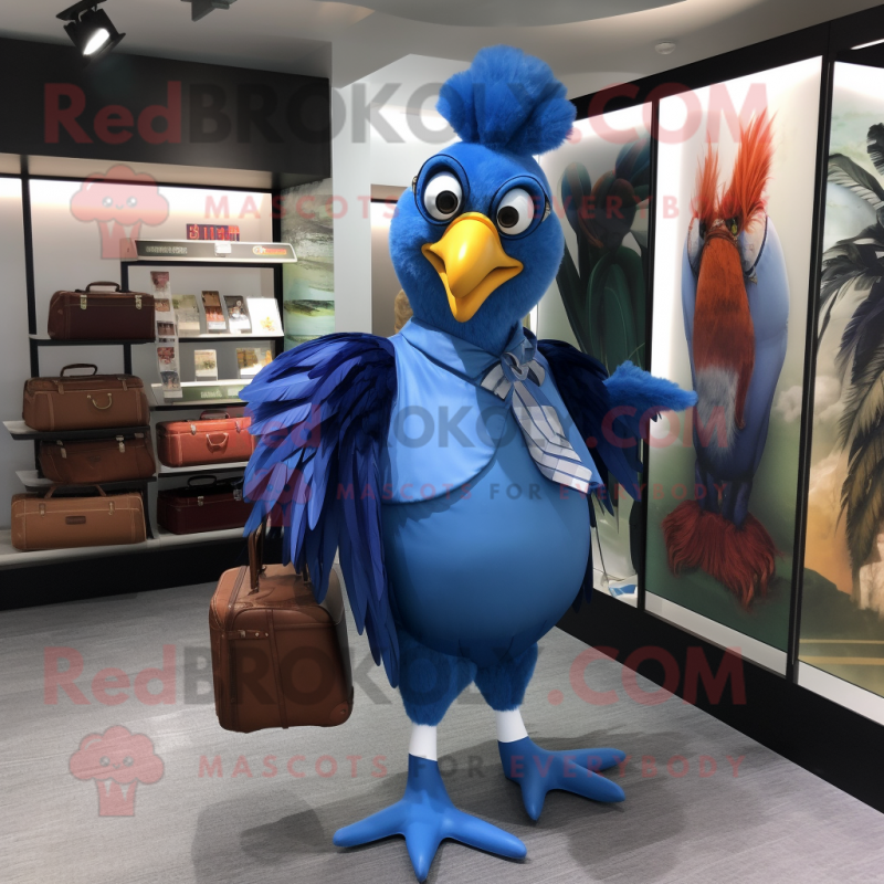 Blue Roosters mascot costume character dressed with a Wrap Dress and Briefcases Blue Roosters mascot costume character dressed with a Wrap Dress and Briefcases