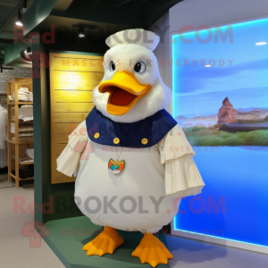 Cream Muscovy Duck mascot costume character dressed with a One-Piece Swimsuit and Scarf clips