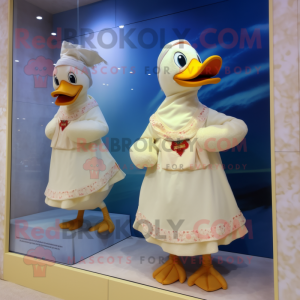 Cream Muscovy Duck mascot costume character dressed with a One-Piece Swimsuit and Scarf clips
