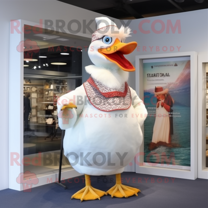 Cream Muscovy Duck mascot costume character dressed with a One-Piece Swimsuit and Scarf clips Cream Muscovy Duck mascot costume character dressed with a One-Piece Swimsuit and Scarf clips