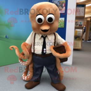 Tan Octopus mascot costume character dressed with a Oxford Shirt and Belts