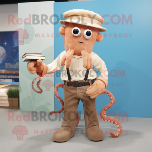 Tan Octopus mascot costume character dressed with a Oxford Shirt and Belts