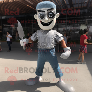 Silver Knife Thrower mascot costume character dressed with a Denim Shorts and Necklaces