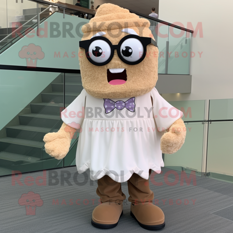 Beige Cupcake mascot costume character dressed with a Dress Shirt and Eyeglasses