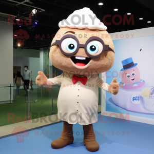 Beige Cupcake mascot costume character dressed with a Dress Shirt and Eyeglasses