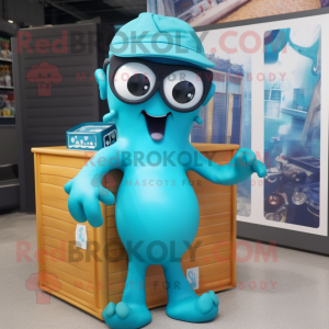 Turquoise Octopus mascot costume character dressed with a Cargo Shorts and Eyeglasses