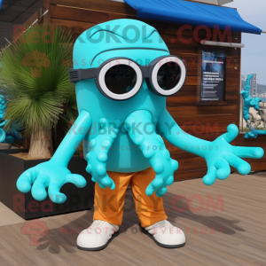 Turquoise Octopus mascot costume character dressed with a Cargo Shorts and Eyeglasses