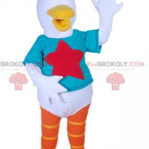 Mascote do pato branco com uma camiseta azul turquesa -