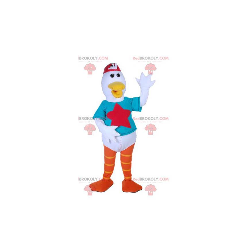 Mascote do pato branco com uma camiseta azul turquesa -