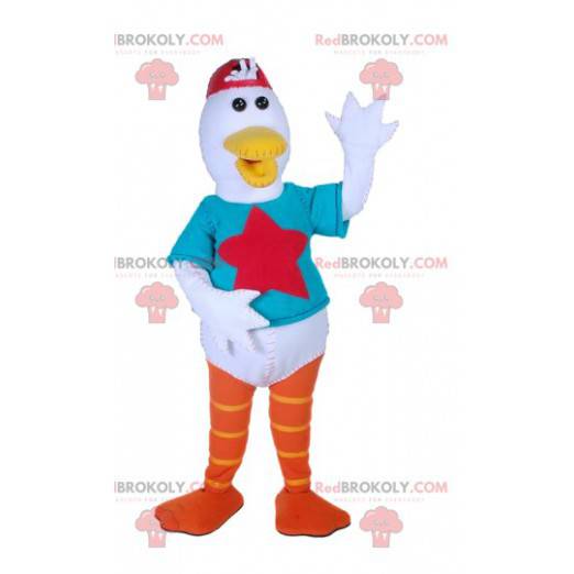 Mascote do pato branco com uma camiseta azul turquesa -