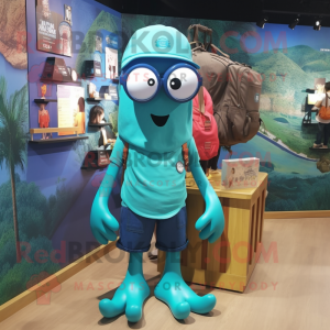 Turquoise Octopus mascot costume character dressed with a Cargo Shorts and Eyeglasses