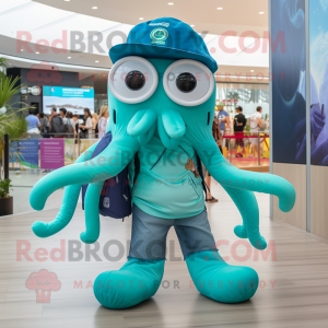 Turquoise Octopus mascot costume character dressed with a Cargo Shorts and Eyeglasses