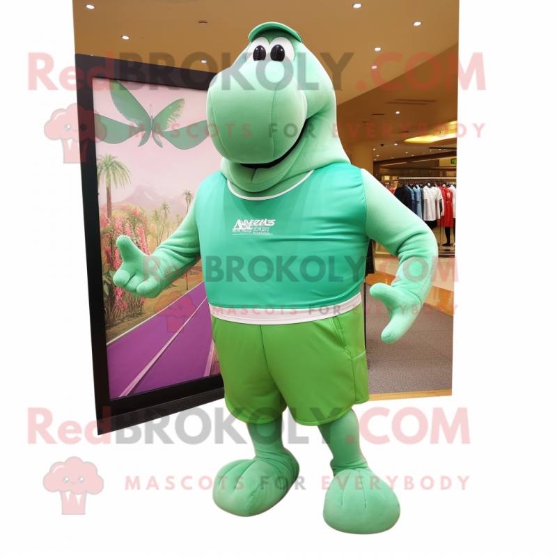 Green Walrus mascot costume character dressed with a Running Shorts and Pocket squares Green Walrus mascot costume character dressed with a Running Shorts and Pocket squares