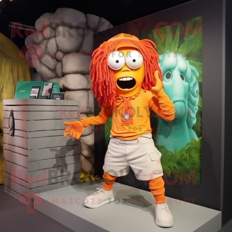 Orange Medusa mascot costume character dressed with a Cargo Shorts and Bracelet watches