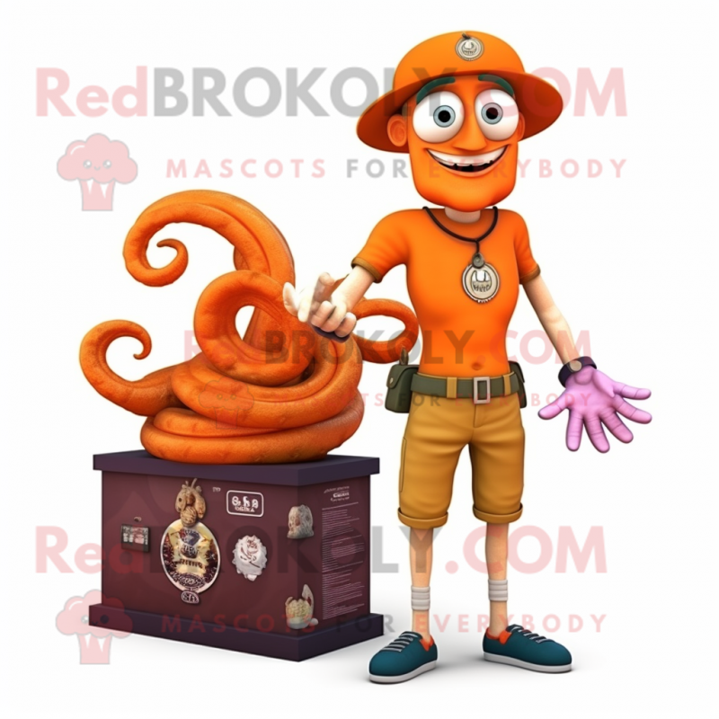 Orange Medusa mascot costume character dressed with a Cargo Shorts and Bracelet watches