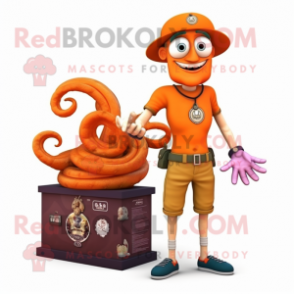 Orange Medusa mascot costume character dressed with a Cargo Shorts and Bracelet watches