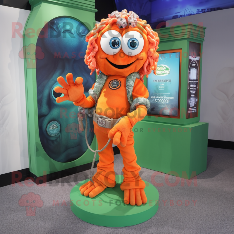 Orange Medusa mascot costume character dressed with a Cargo Shorts and Bracelet watches