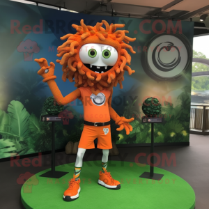 Orange Medusa mascot costume character dressed with a Cargo Shorts and Bracelet watches