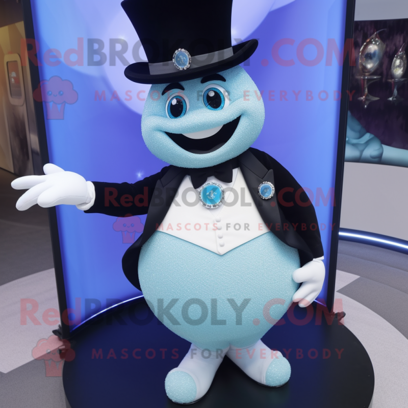 Sky Blue Bracelet mascot costume character dressed with a Tuxedo and Brooches Sky Blue Bracelet mascot costume character dressed with a Tuxedo and Brooches