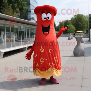 Red Currywurst mascot costume character dressed with a Evening Gown and Shoe laces