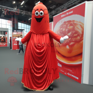 Red Currywurst mascot costume character dressed with a Evening Gown and Shoe laces
