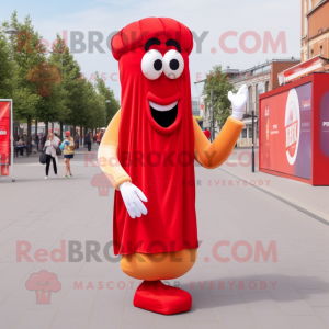 Red Currywurst mascot costume character dressed with a Evening Gown and Shoe laces