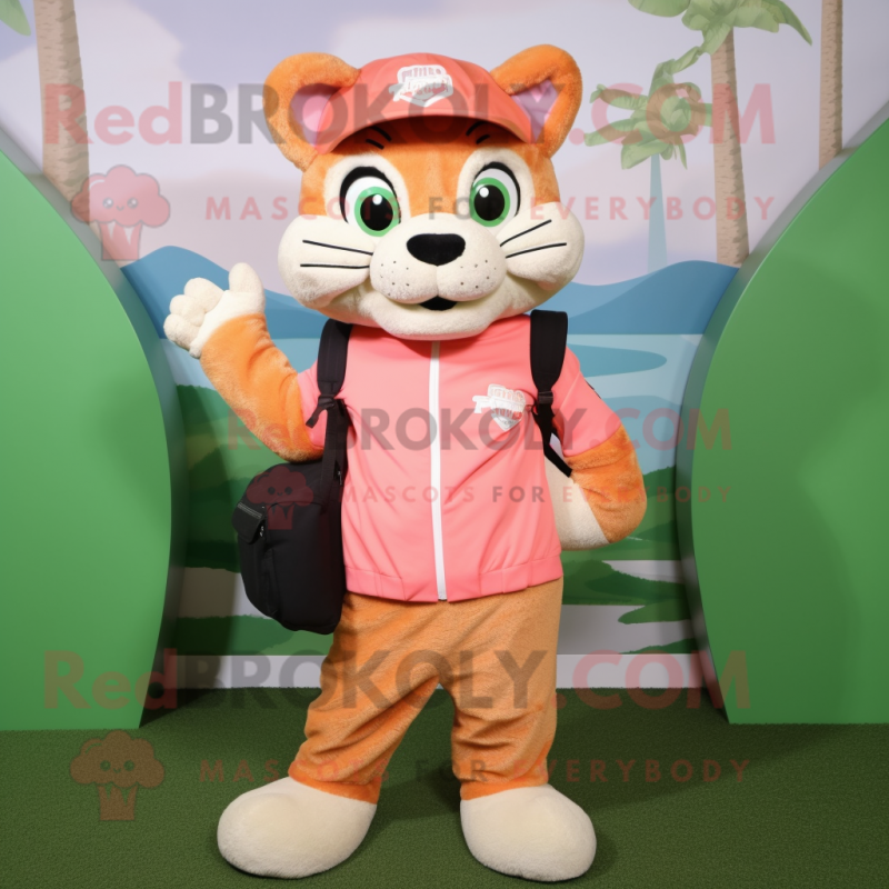 Peach Puma mascot costume character dressed with a Sweater and Messenger bags