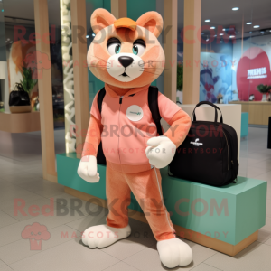 Peach Puma mascot costume character dressed with a Sweater and Messenger bags