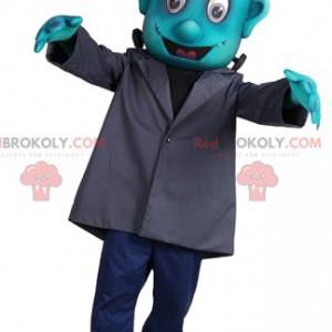 Turquoise Frankenstein mascot with his gray coat -