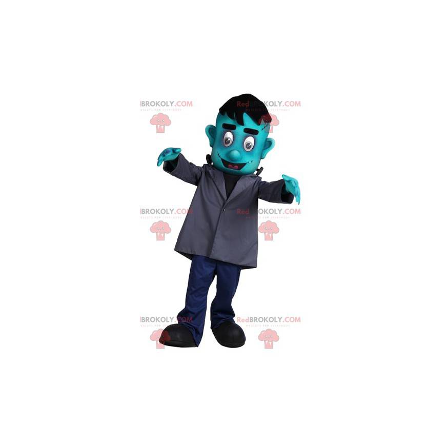Turquoise Frankenstein mascot with his gray coat -