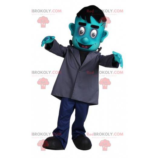 Turquoise Frankenstein mascot with his gray coat -