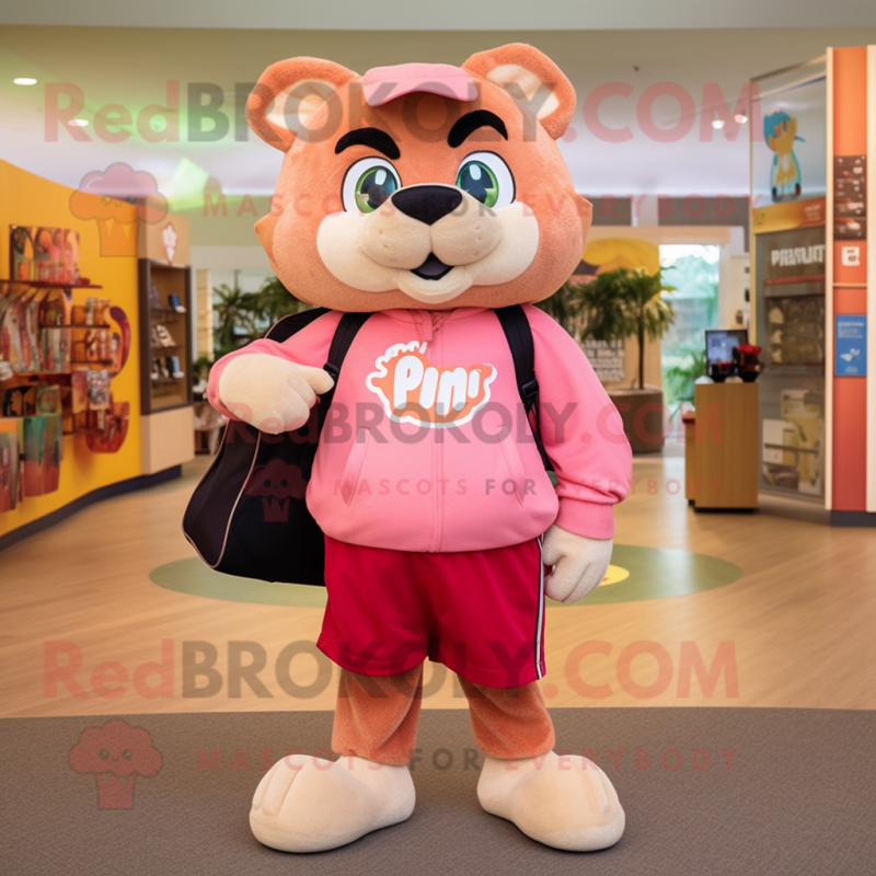 Peach Puma mascot costume character dressed with a Sweater and Messenger bags