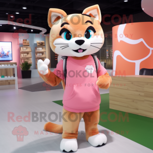 Peach Puma mascot costume character dressed with a Sweater and Messenger bags