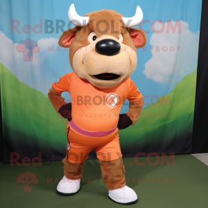 Peach Buffalo mascot costume character dressed with a Polo Shirt and Wraps