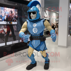 Blue Spartan Soldier mascot costume character dressed with a Running Shorts and Brooches