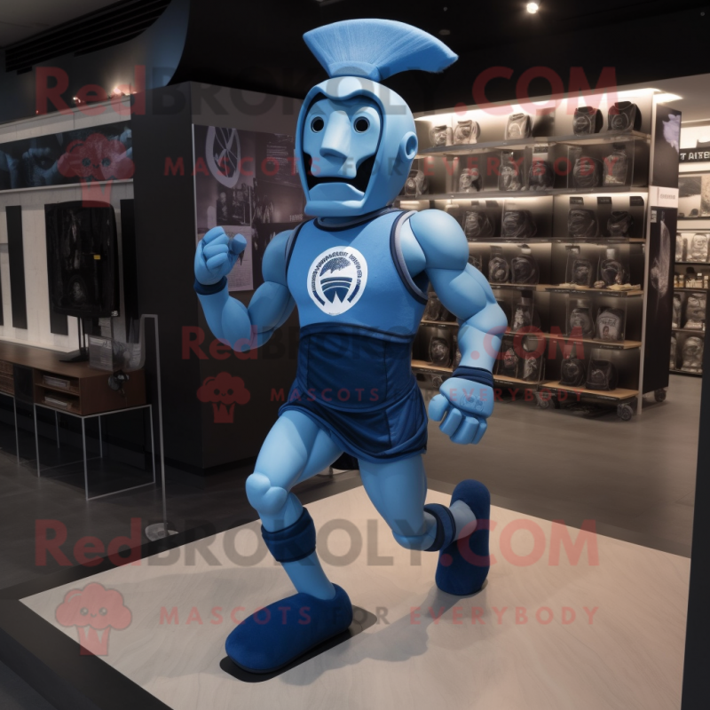 Blue Spartan Soldier mascot costume character dressed with a Running Shorts and Brooches