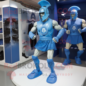 Blue Spartan Soldier mascot costume character dressed with a Running Shorts and Brooches