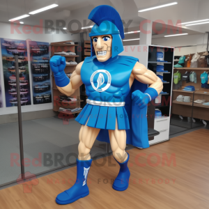 Blue Spartan Soldier mascot costume character dressed with a Running Shorts and Brooches