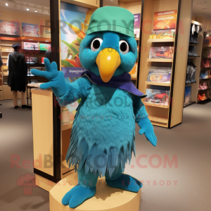 Turquoise Parrot mascot costume character dressed with a Shift Dress and Beanies