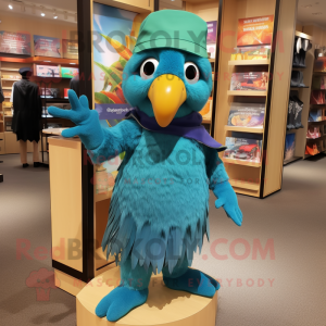 Turquoise Parrot mascot costume character dressed with a Jeggings and Tote  bags - Mascot Costumes -  Sizes L (175-180CM)