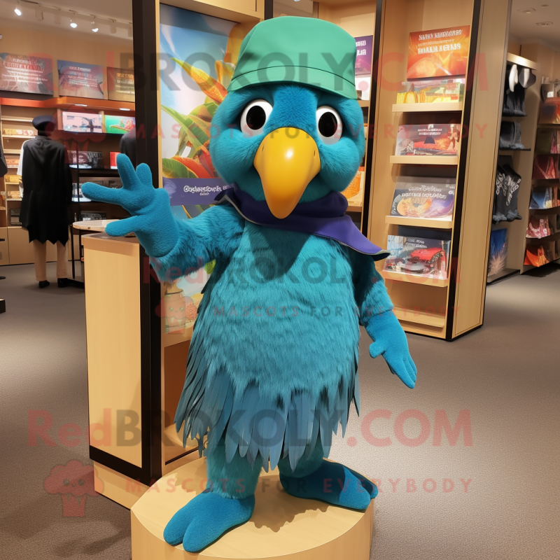 Turquoise Parrot mascot costume character dressed with a Shift Dress and Beanies